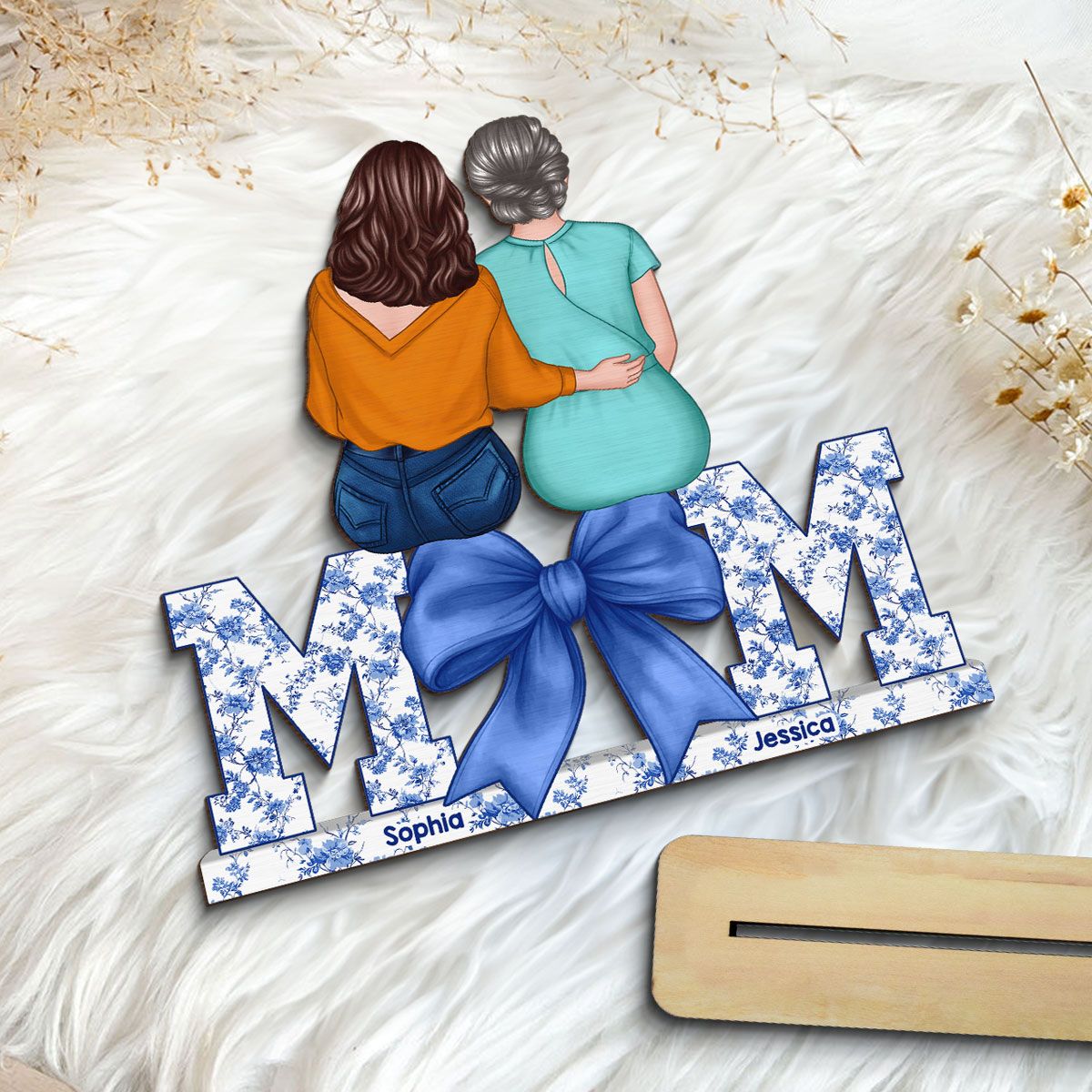 Mother Daughters Blue Floral Chinoiserie Personalized Standing Wooden Plaquer, Mother's Day Gift