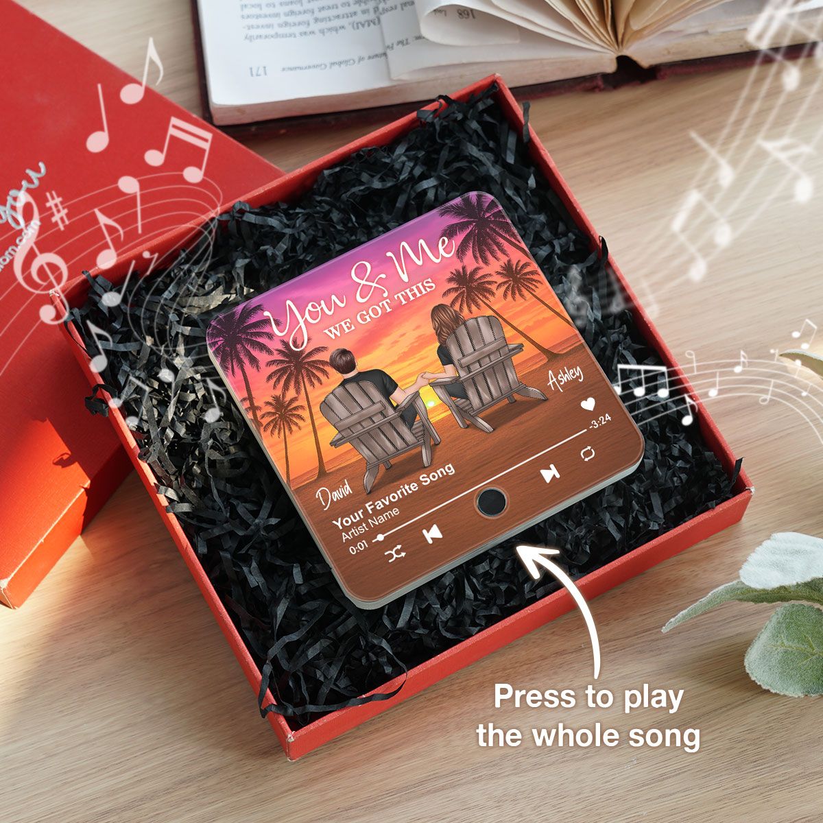 Couple Beach Sunset Under Tree Palm Personalized Music Fridge Magnet, Anniversary gift for him, for her