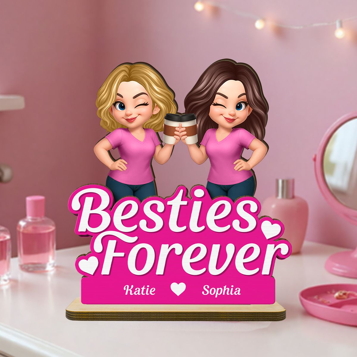 Beautiful Besties Pink Tone Personalized Flat 2-Layer Standing Wooden Plaque