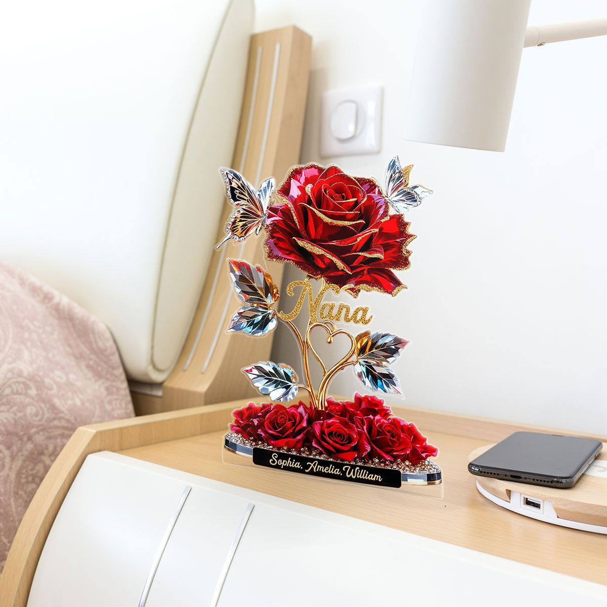 Beautiful Rose For Grandma Mom With Kids Names 3D Effect Personalized Flat Acrylic Block Plaque