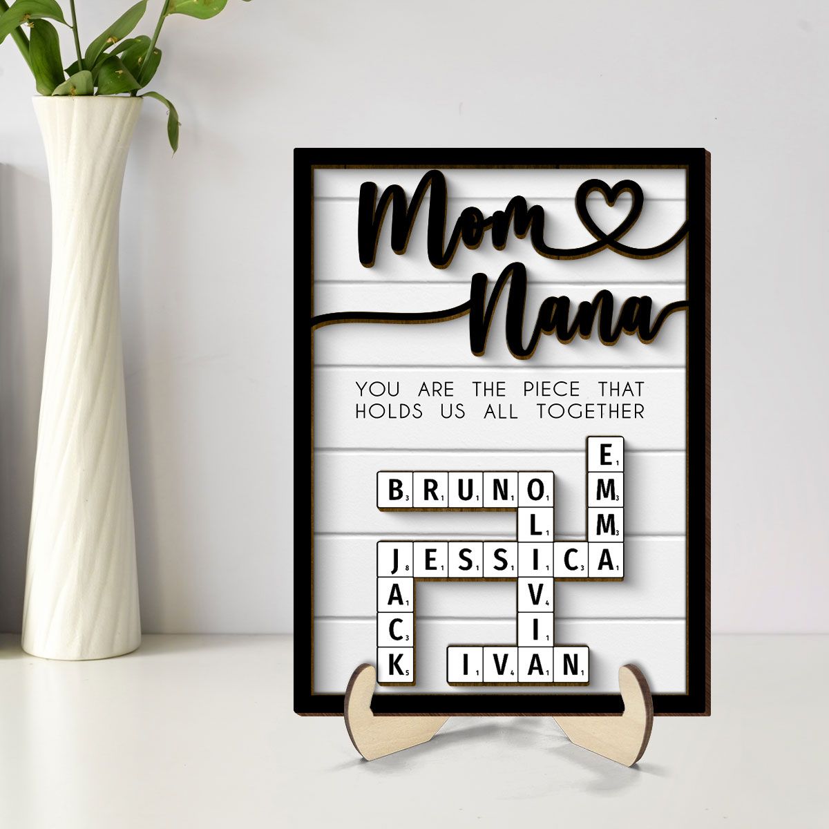 Mothers Day Crossword Puzzle Art for Mom & Grandma, You are the Piece That Holds us Together Personalized 2-Layered Wooden Plaque