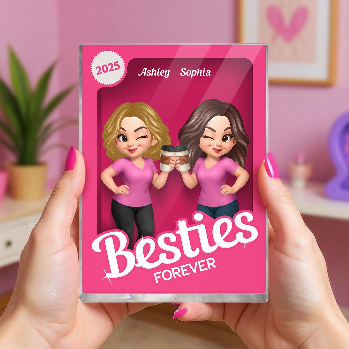 Besties Forever Pink Action Figure 3D Effect Personalized Acrylic Block, Meaningful Gift For Best Friend
