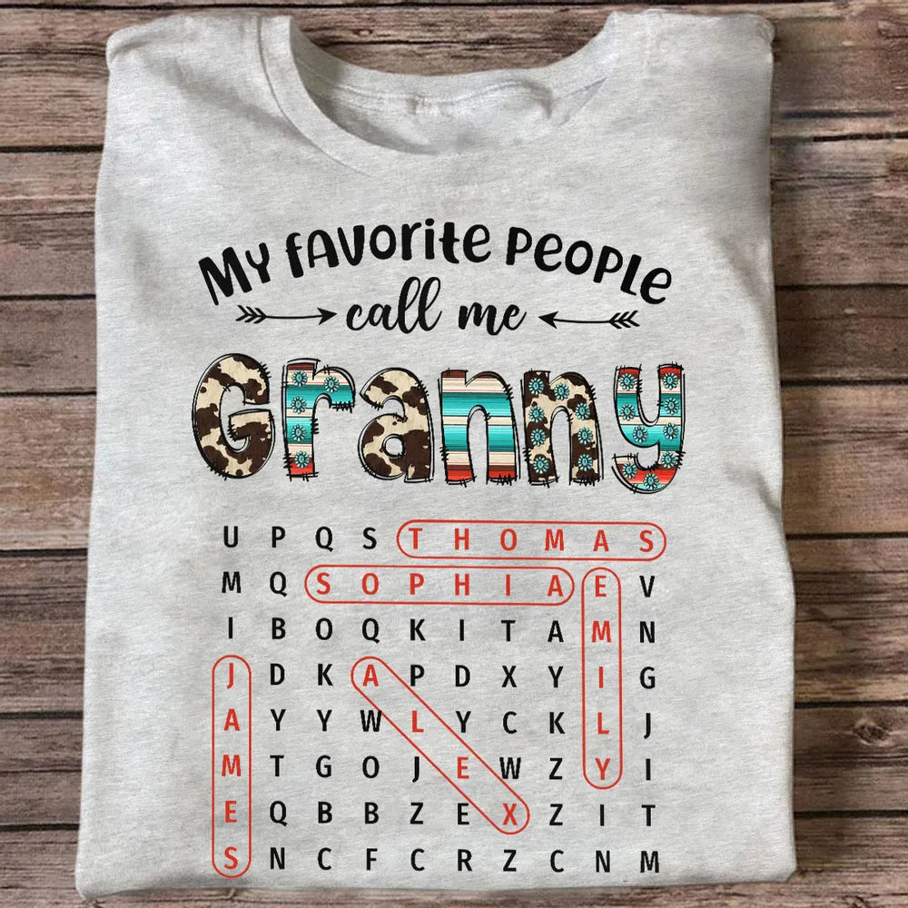 My Favorite People Call Me Grandma Western Cowhide Pattern Word Search Puzzle - Personalized Shirt - Gift For Grandma Mom