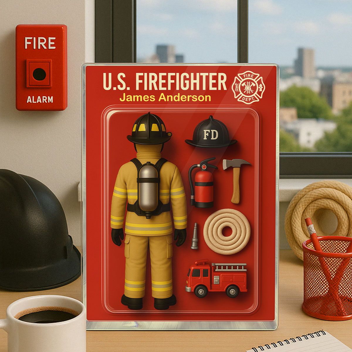Back View Firefighter Action Figure Pack Packaging Personalized Rectangle Acrylic Block