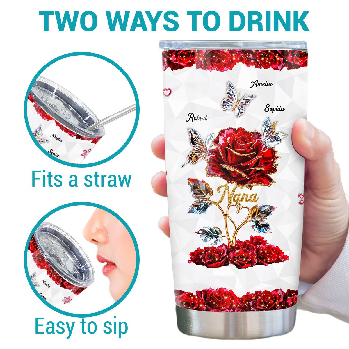 Beautiful Rose & Butterflies Gift For Grandma Mom 3D Effect Personalized Tumbler