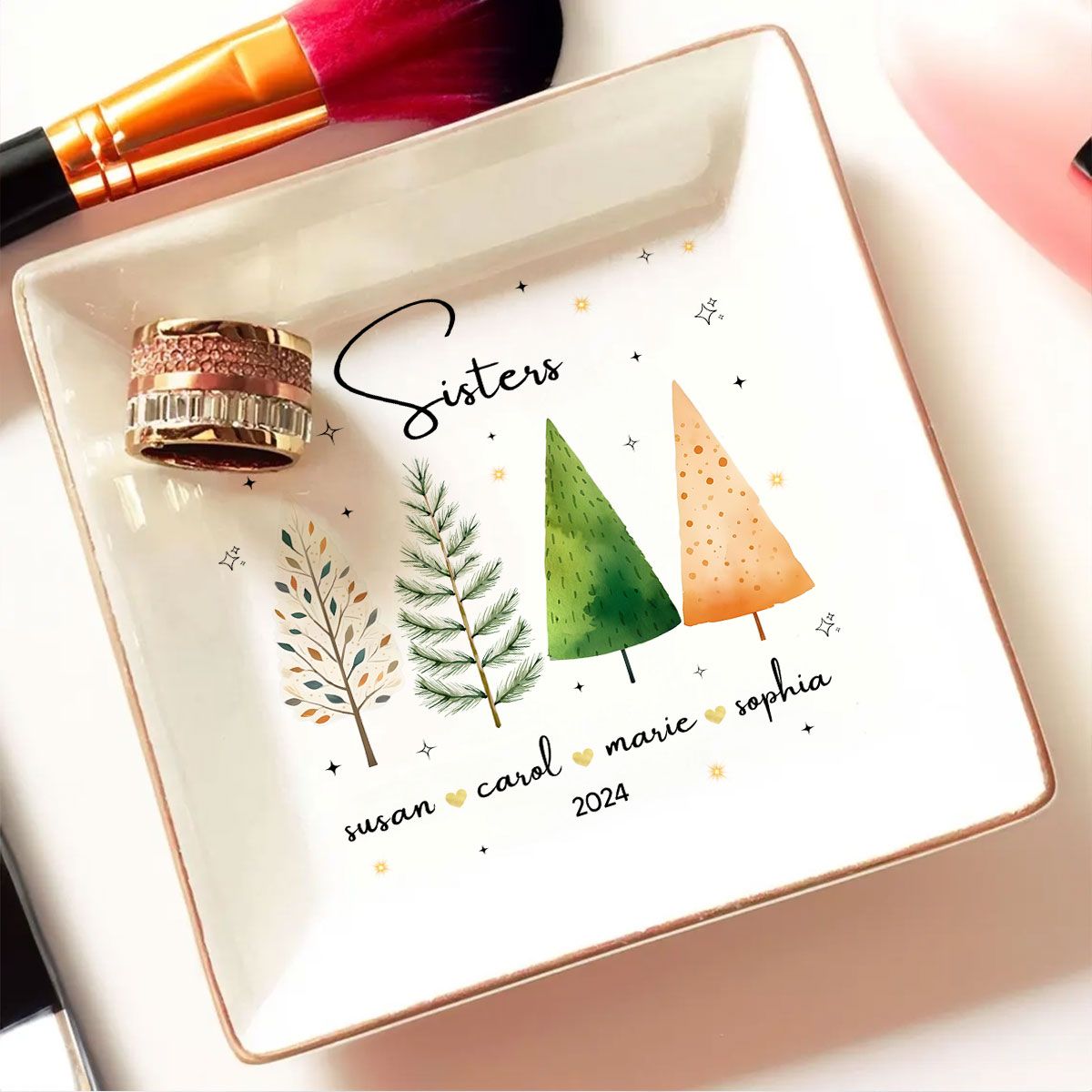 Christmas Trees Besties Sisters Personalized Jewelry Dish, Bridesmaid Gift, Best Friend Flower Ring Dish, Gift for Bestie, Christmas Gifts