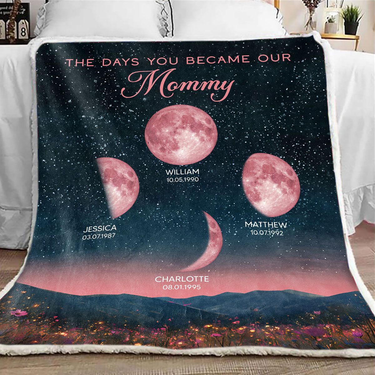 Pink Moon Phase Custom Birth Moon Beautiful Hill At Night Personalized Fleece Blanket, Mother's Day Gift