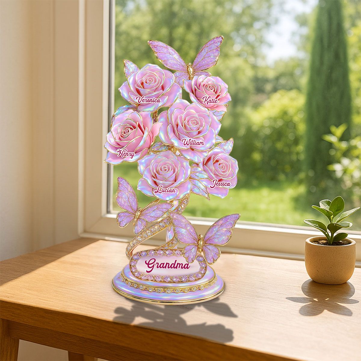 Beautiful Roses With Kids Names Pearl & Stone Effect Personalized Flat Acrylic Block Plaque