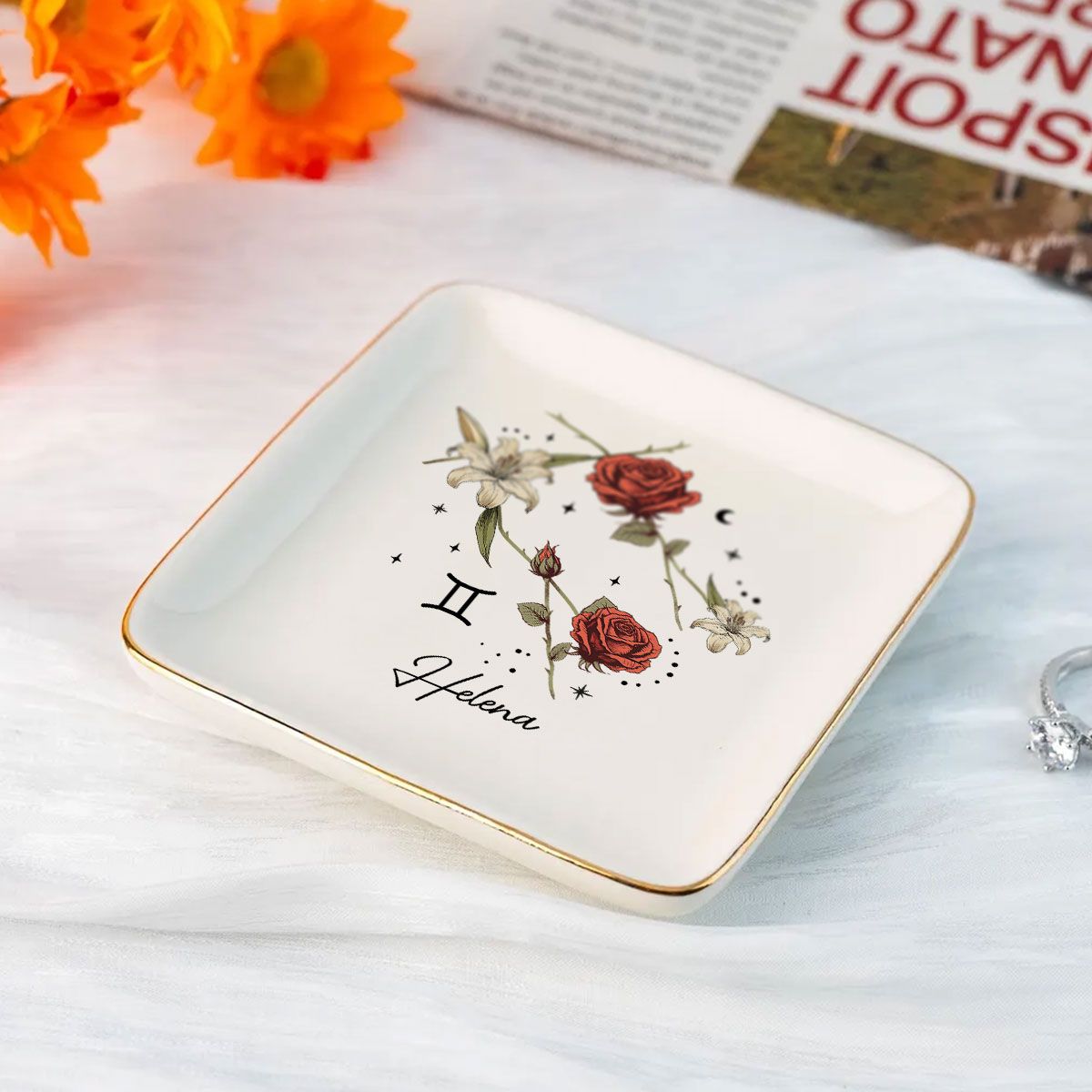 Zodiac Sign Birth Month Flower Personalized Jewelry Dish, Gifts For Friends, Daughter, Birthday Gifts