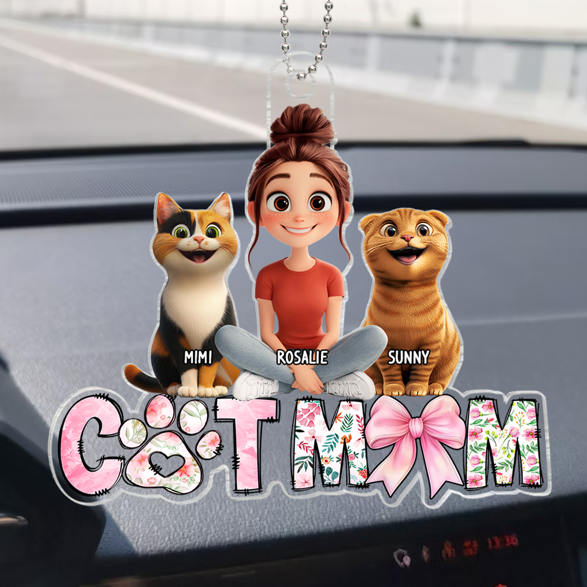 Cartoon Cat Mom Sitting Personalized Acrylic Car Hanger, Gift for Cat Moms