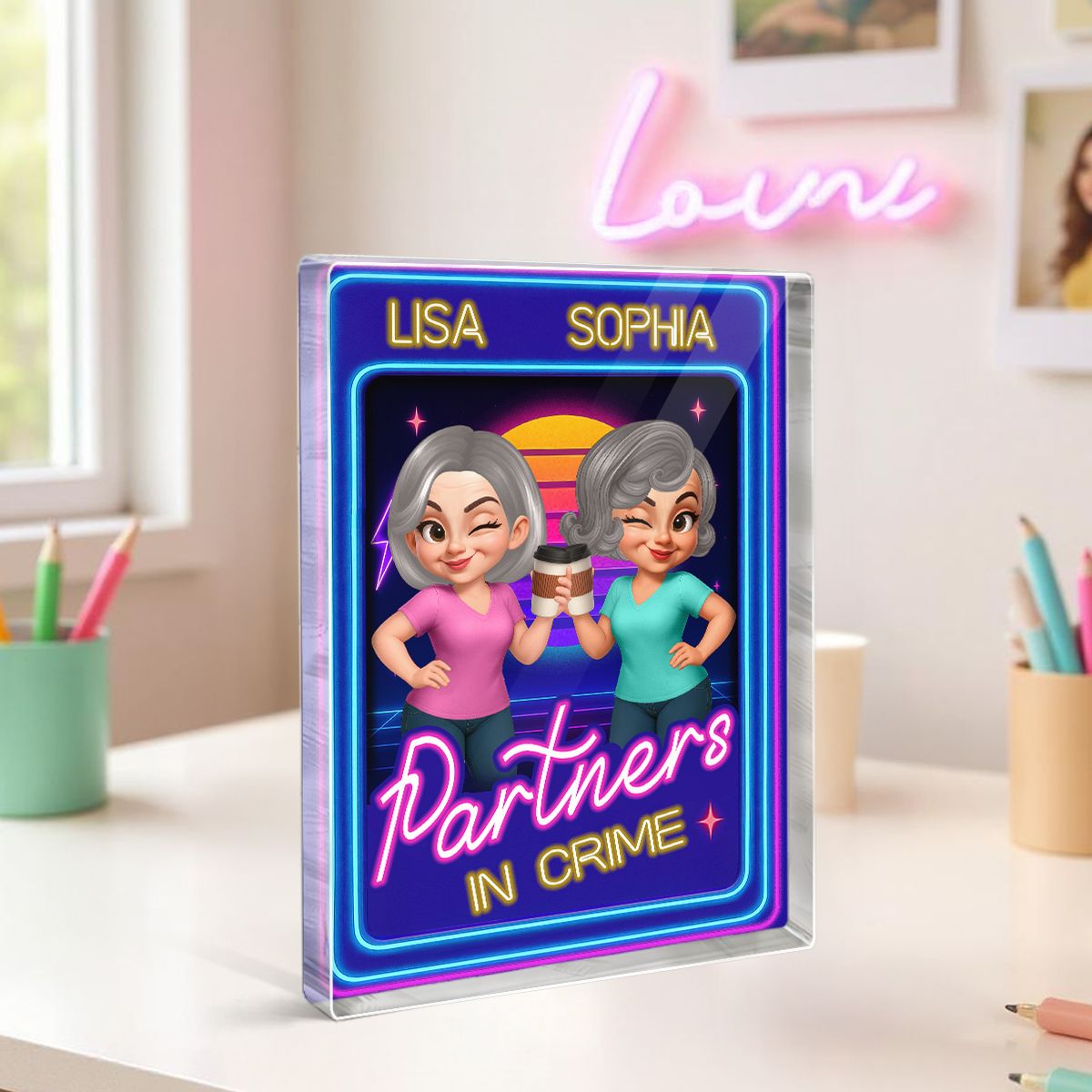 Besties Sisters Retro Rewind Neon Toy Box 3D Effect Personalized Acrylic Block