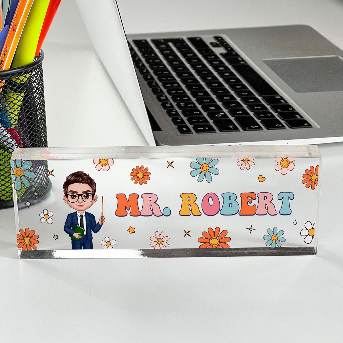 Groovy Retro Teacher Name Sign, Back To School Teacher Gifts Personalized Teacher Acrylic Desk Name Plate