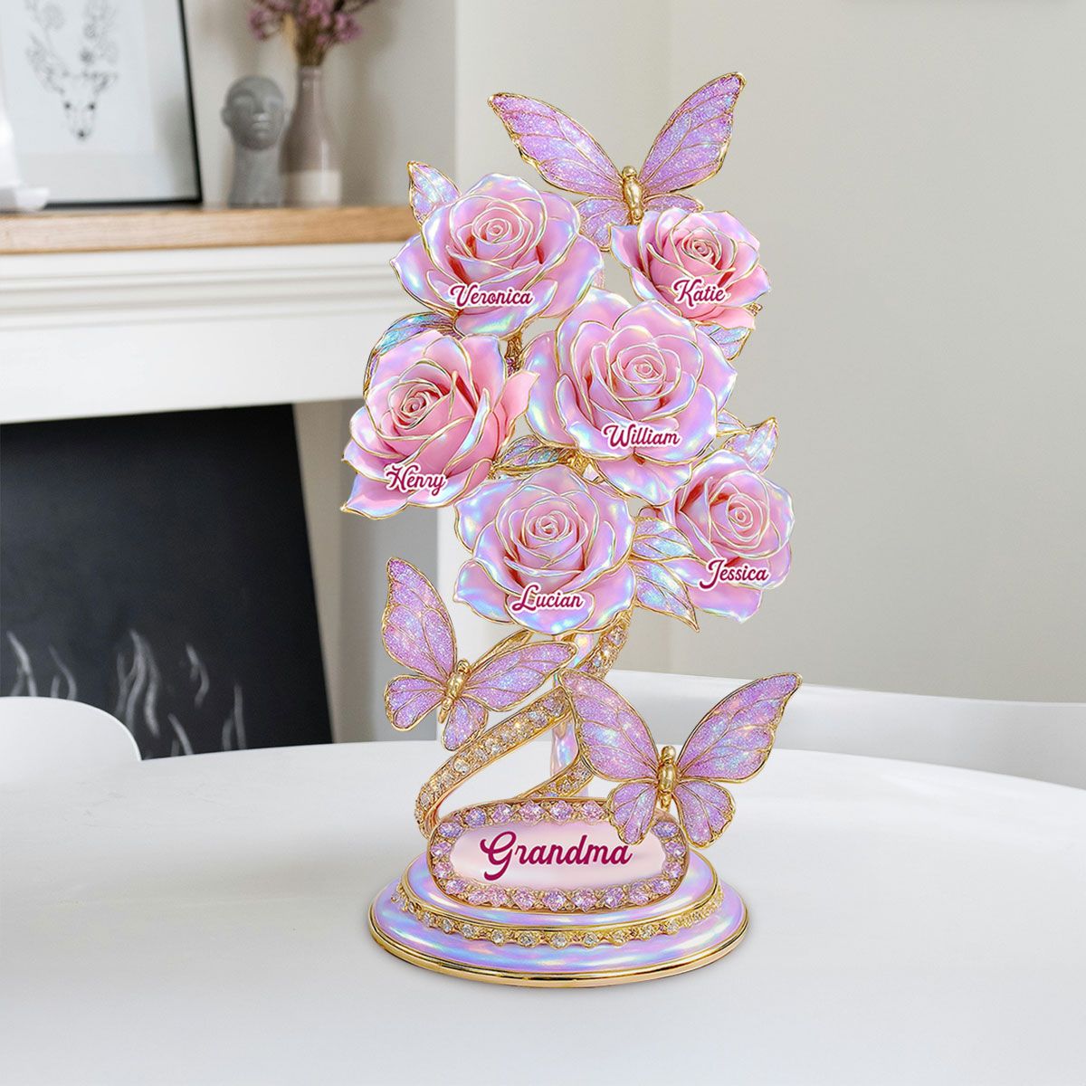 Beautiful Roses With Kids Names Pearl & Stone Effect Personalized Flat Acrylic Block Plaque