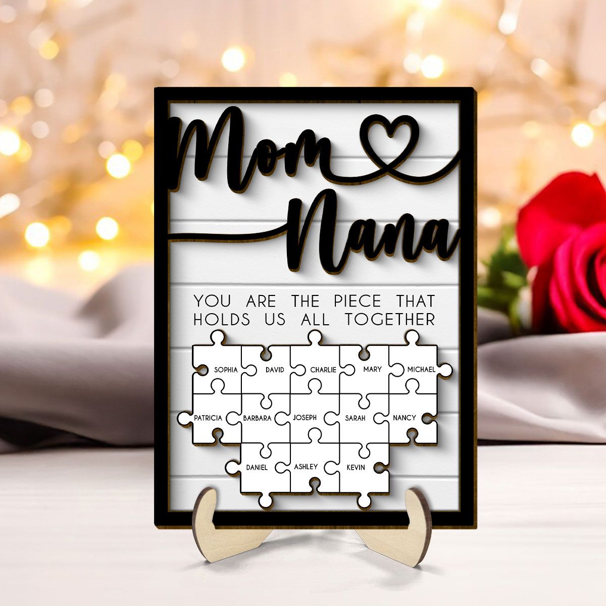 Mothers Day Puzzle Sign for Mom & Grandma, You are the Piece That Holds us Together Personalized 2-Layered Wooden Plaque