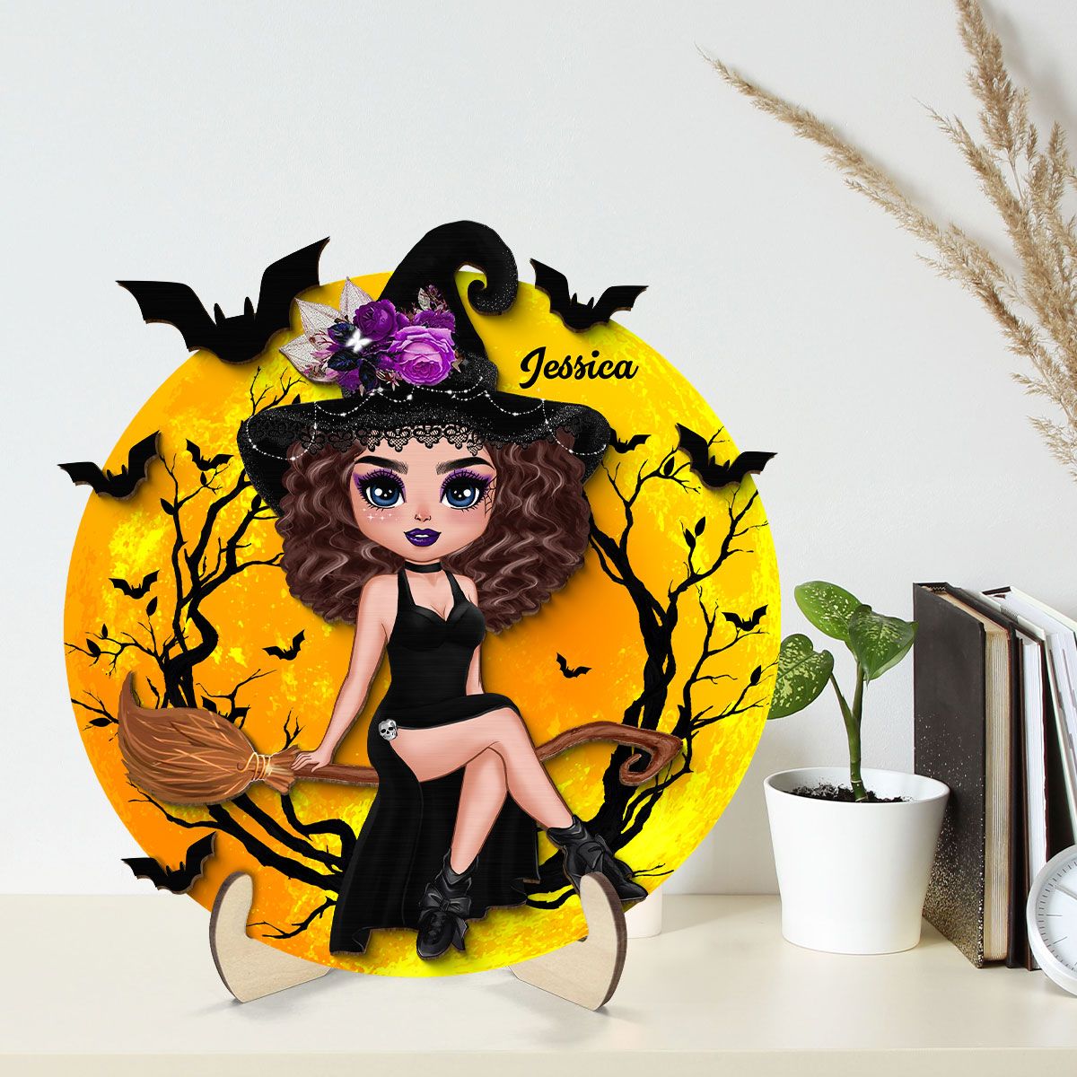 Halloween Sitting On Broom Personalized 2-Layer Wooden Plaque, Halloween Decoration