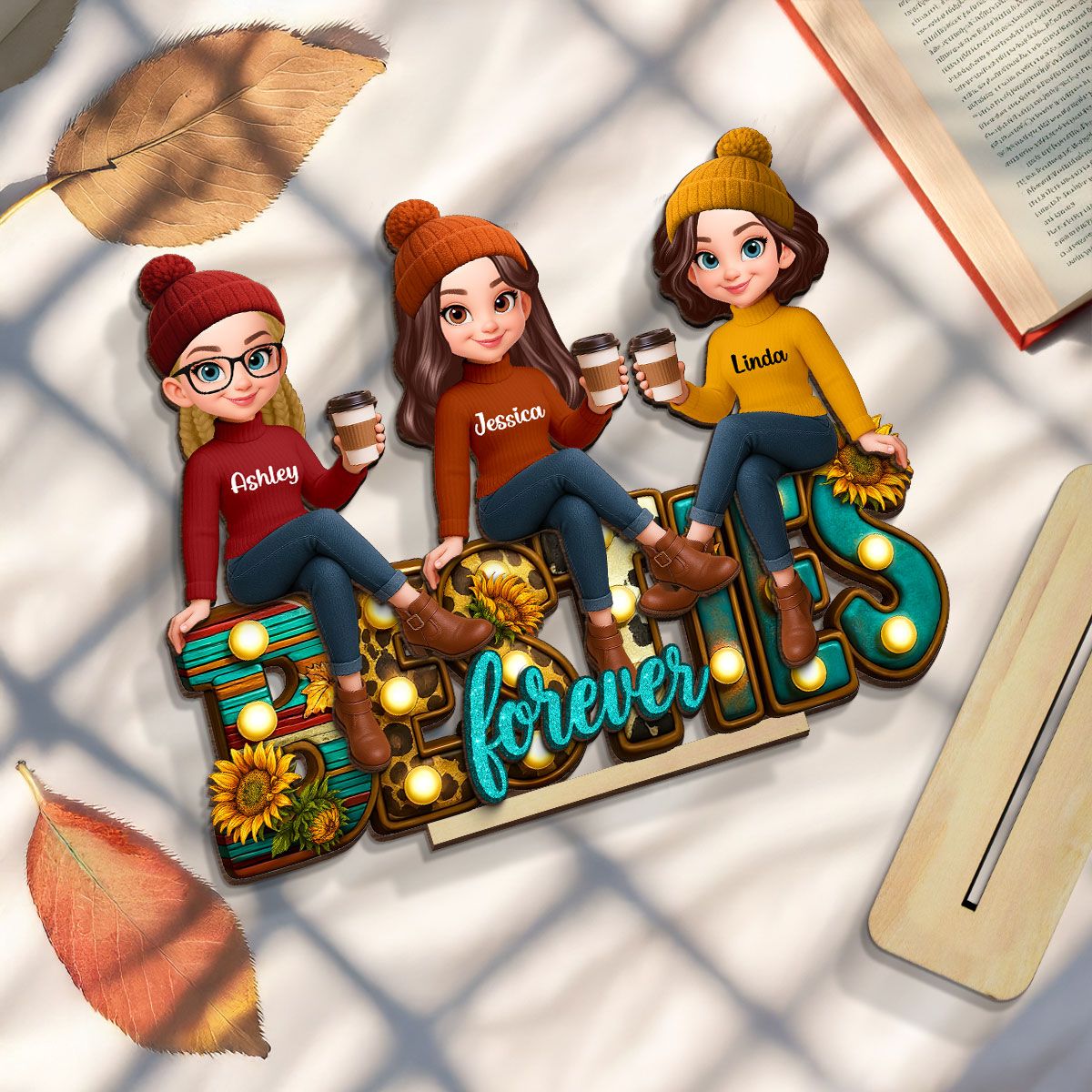 Western Fall Vibe Besties Sitting Personalized Standing Wooden Plaque, Fall Gift for Best Friends