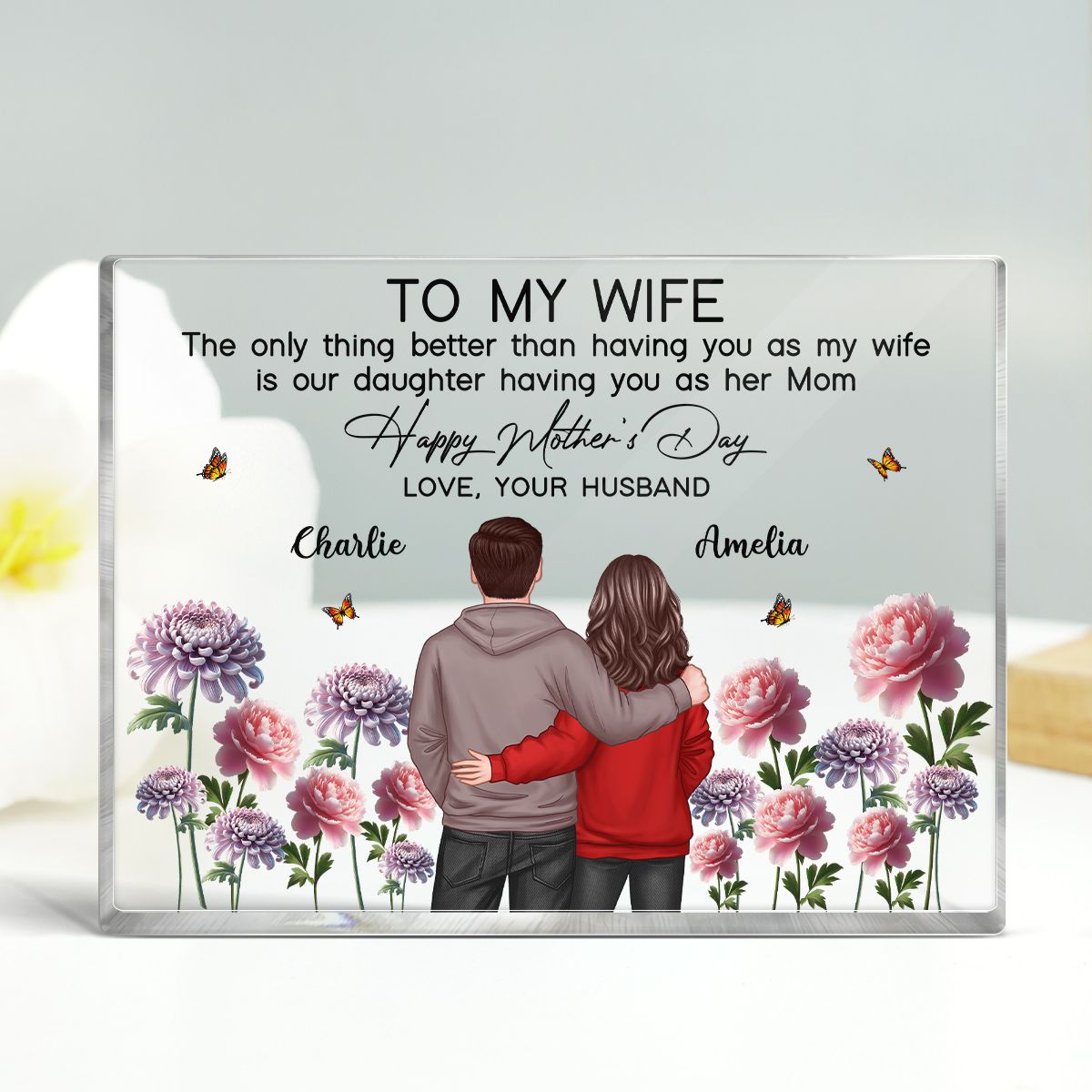 To My Wife From Husband Happy Mother's Day Birth Flower Personalized Acrylic Block Plaque