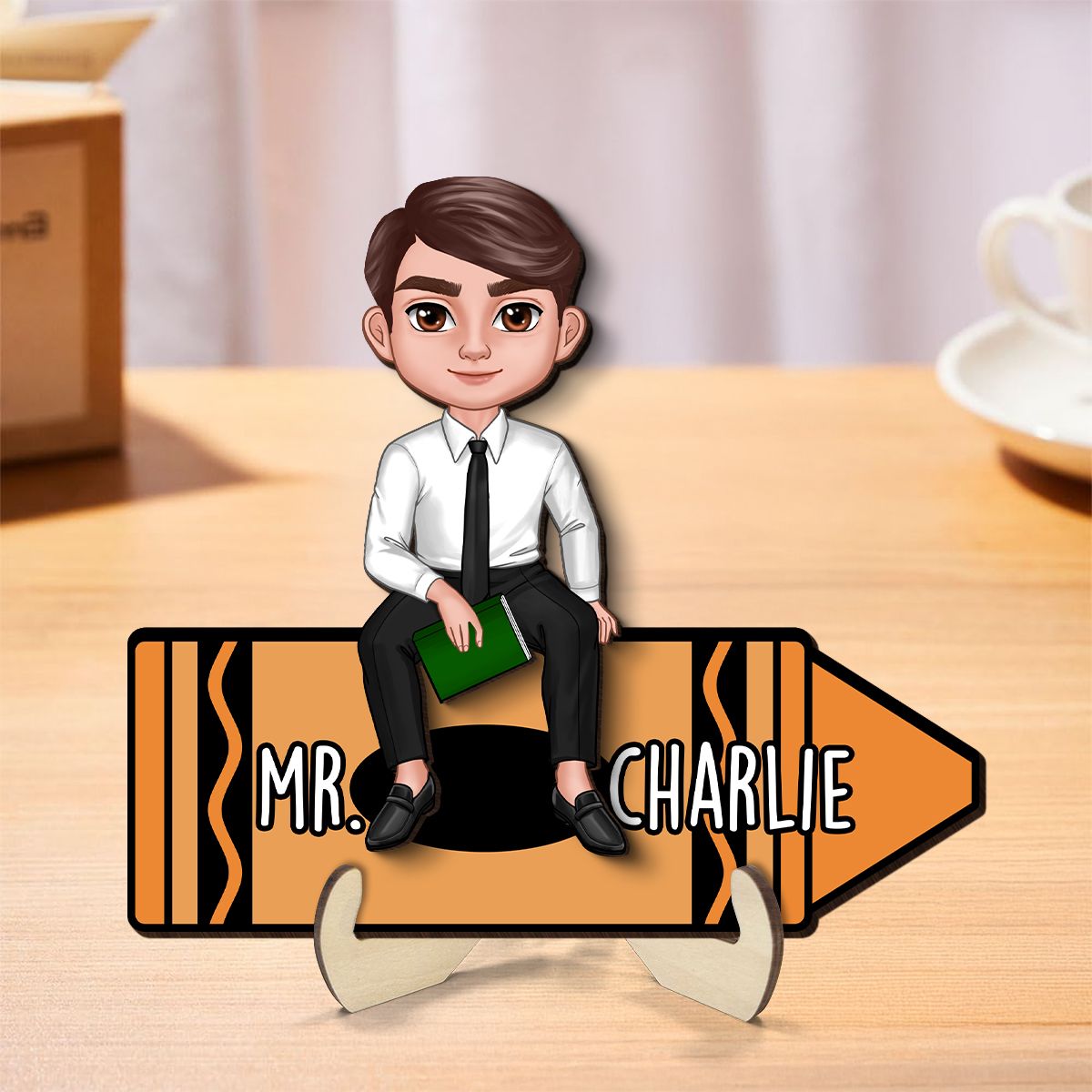 Doll Teacher Sitting On Crayon Personalized 2-Layer Wooden Plaque