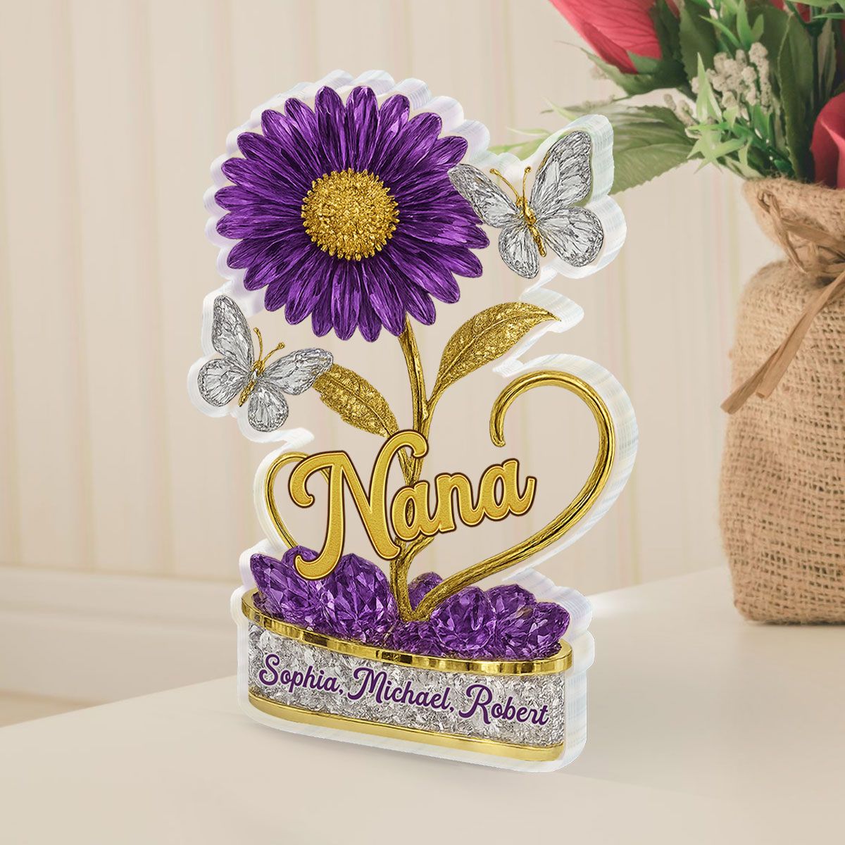 Grandma We Love You Birth Month Flower Personalized Custom Shape Acrylic Block Plaque