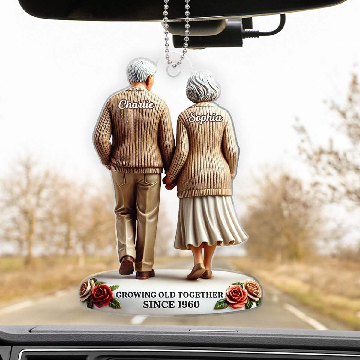 Old Couple Holding Hands Walking Together Personalized Car Hanger Ornament, Heartfelt Gift For Couple, For Him, For Her, Husband, Wife