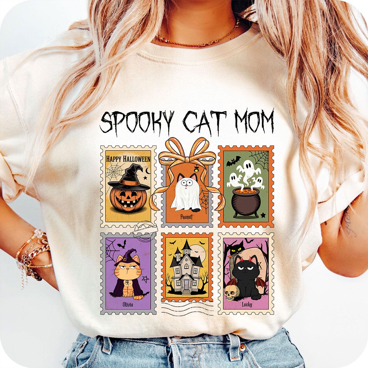Spooky Cats Retro Stamp Theme Personalized Halloween Shirt
