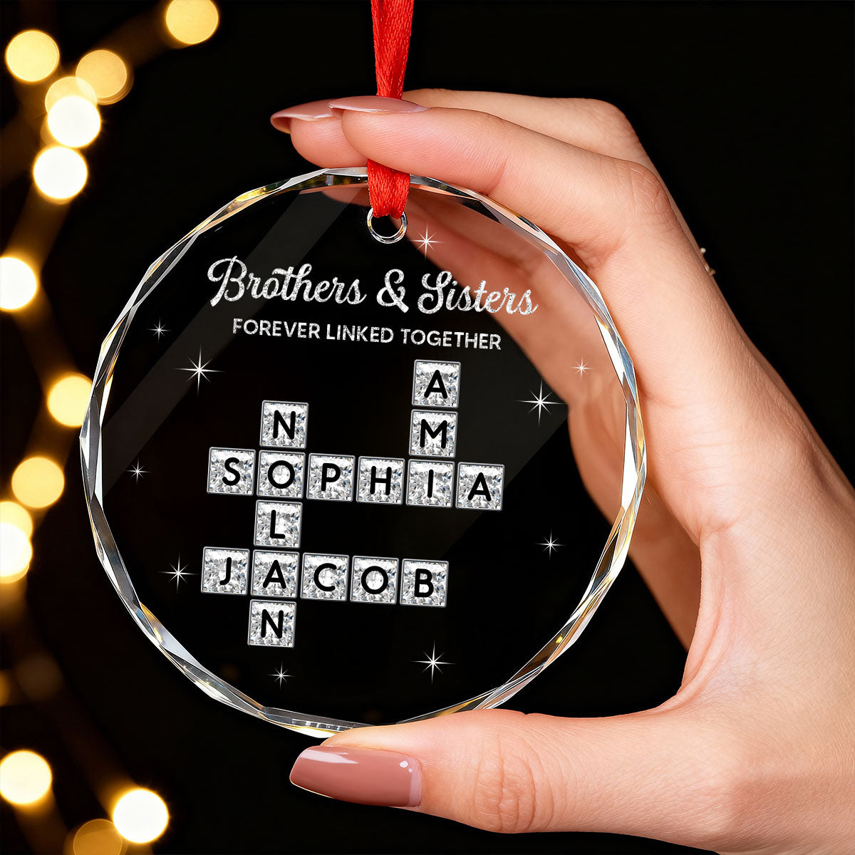 3D Shining Effect Brothers Sisters Crossword Puzzle Art - Personalized Glass Ornament - Christmas Gift For Siblings, Brothers, Sisters