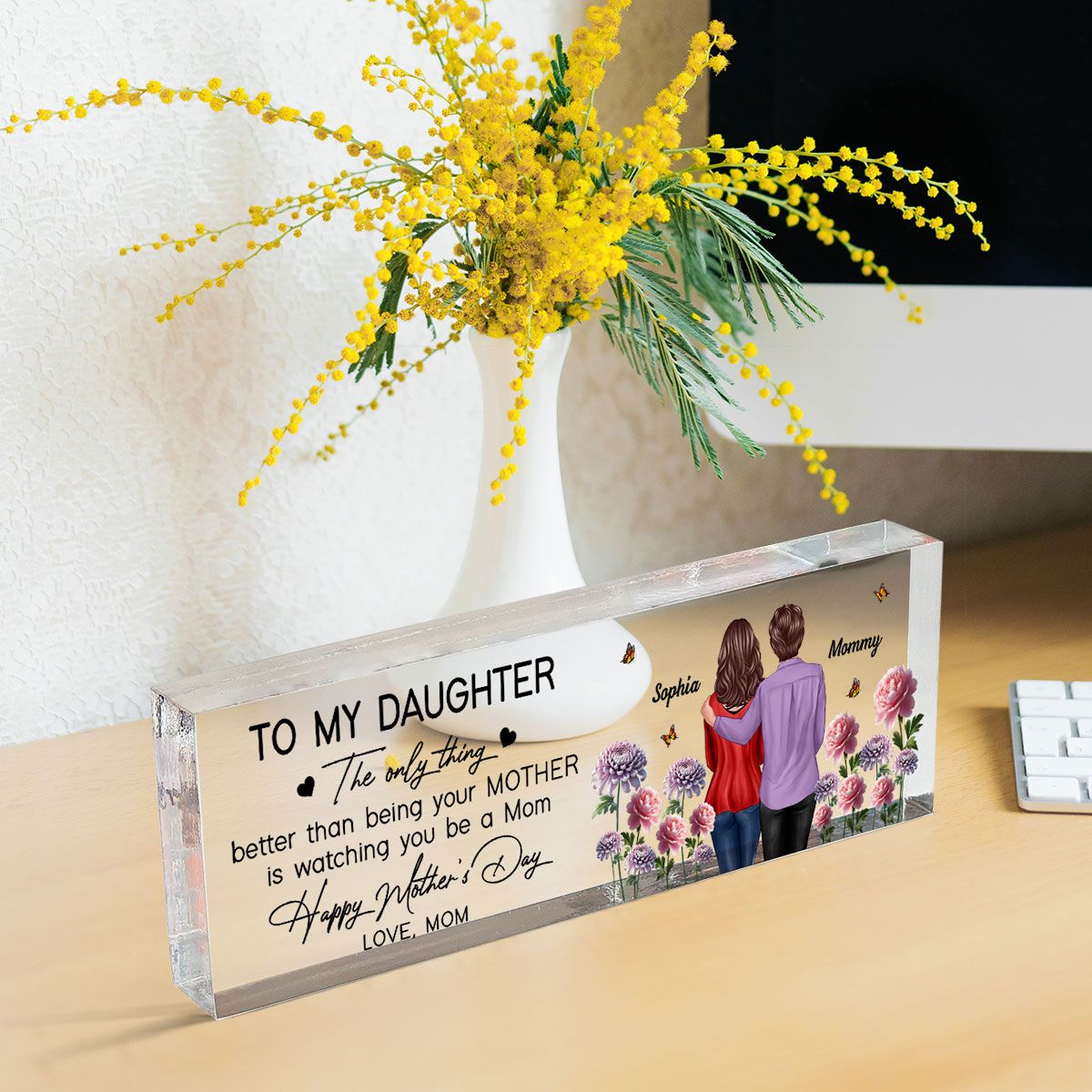 To My Daughter From Mom Happy Mother's Day Birth Flower Personalized Desk Block, Mother's Day Gift For Daughter