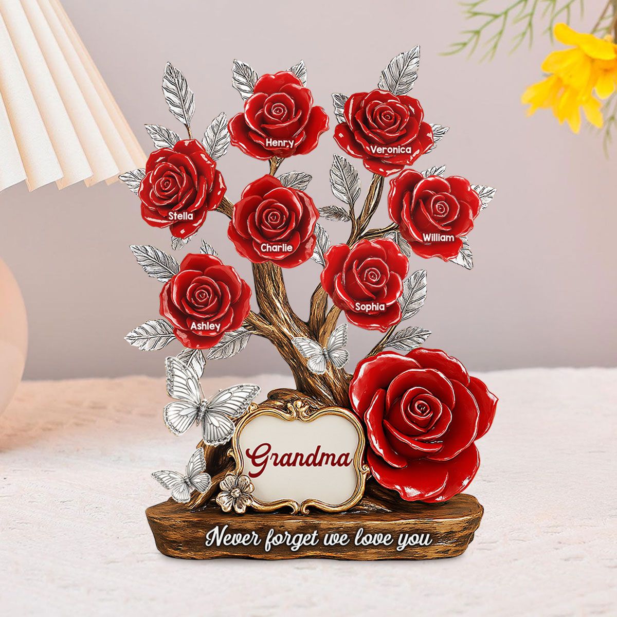 Mom Grandma & Kids Names On Roses Personalized Acrylic Block Plaque