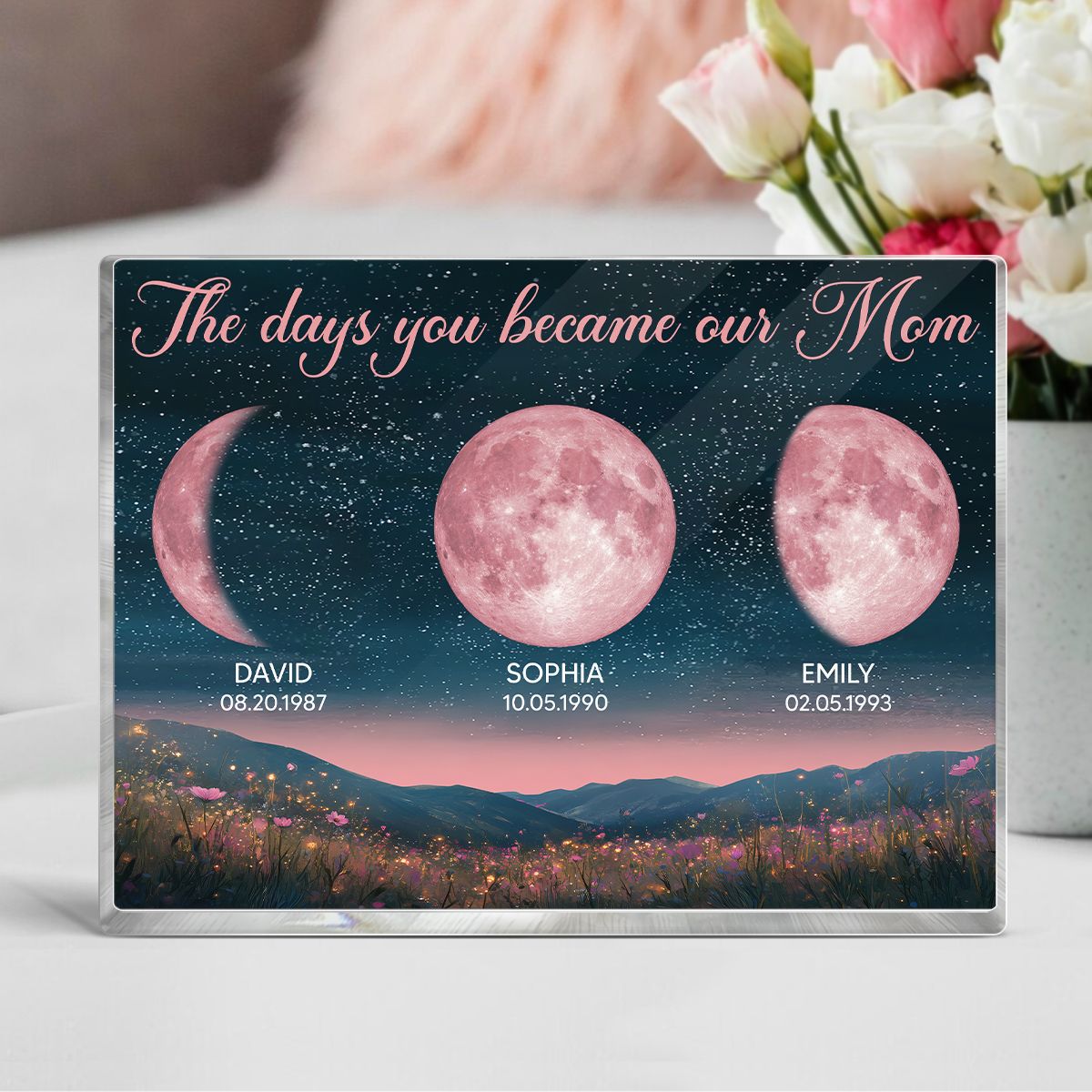 Pink Moon Phase Custom Birth Moon Beautiful Hill At Night Personalized Acrylic Block Plaque, Gift For Mom