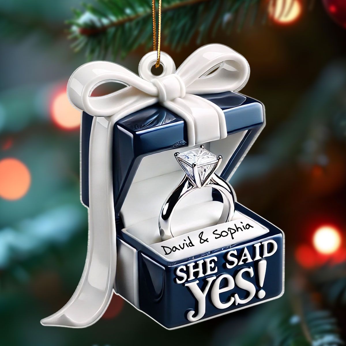 Personalized Blue Engagement Ring Box Personalized 2D Flat Acrylic Ornament, Anniversary Gift for Couple