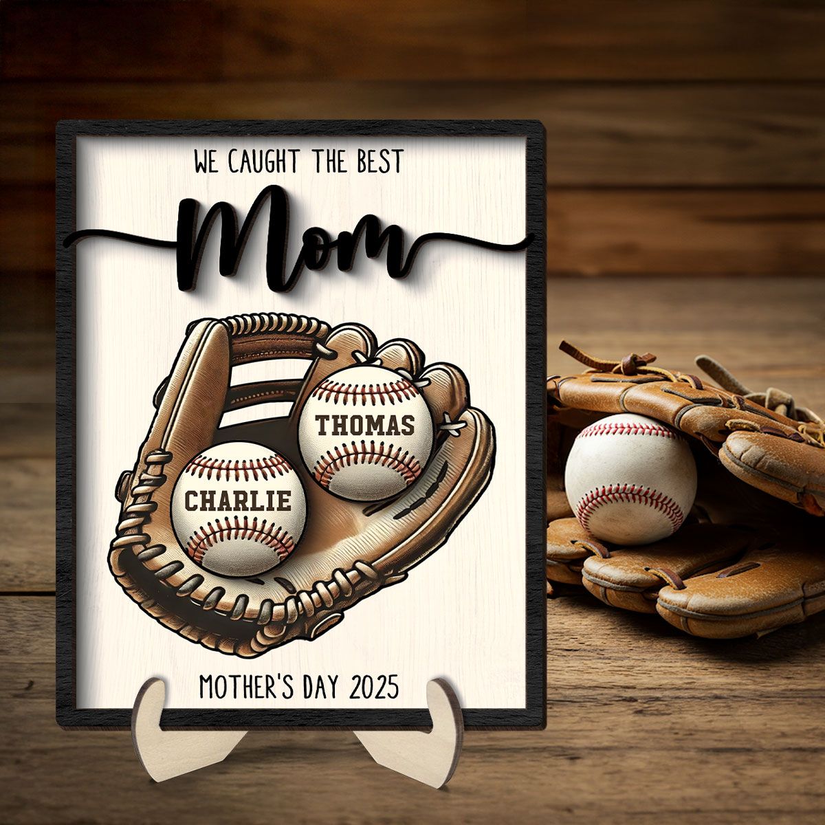 We Caught The Best Mom Baseball, Softball Personalized 2-Layer Wooden Plaque, Custom Kid's Name, Mother’s Day Gift For Mom, Gift For Wife, Gift For Grandma
