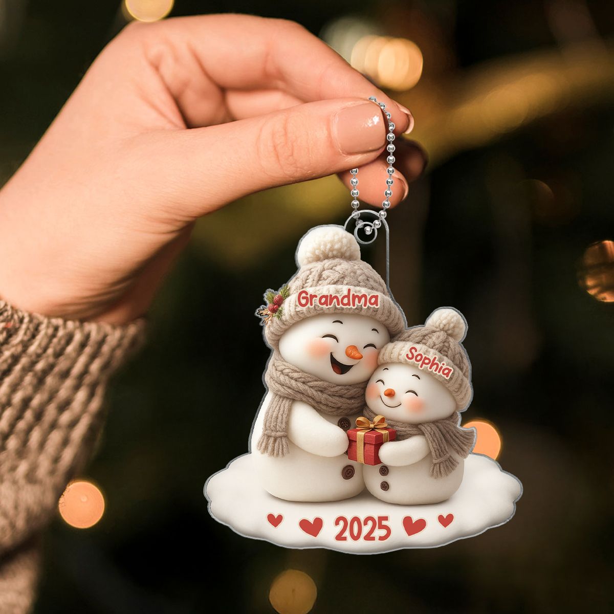 Snowman Grandma Hugging Grandkid Personalized Acrylic Ornament