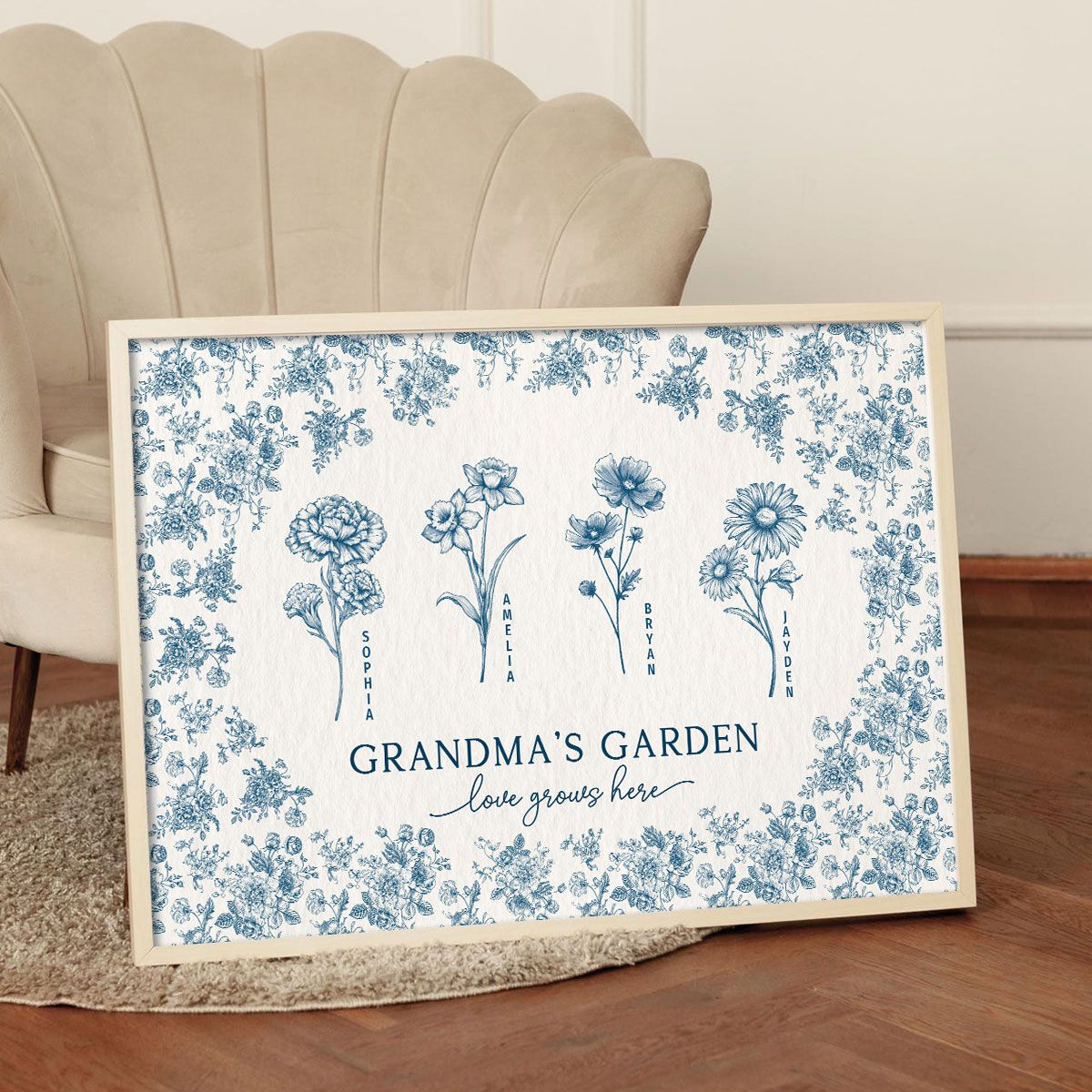 Vintage Blue Floral Pattern Grandma's Garden Personalized Canvas