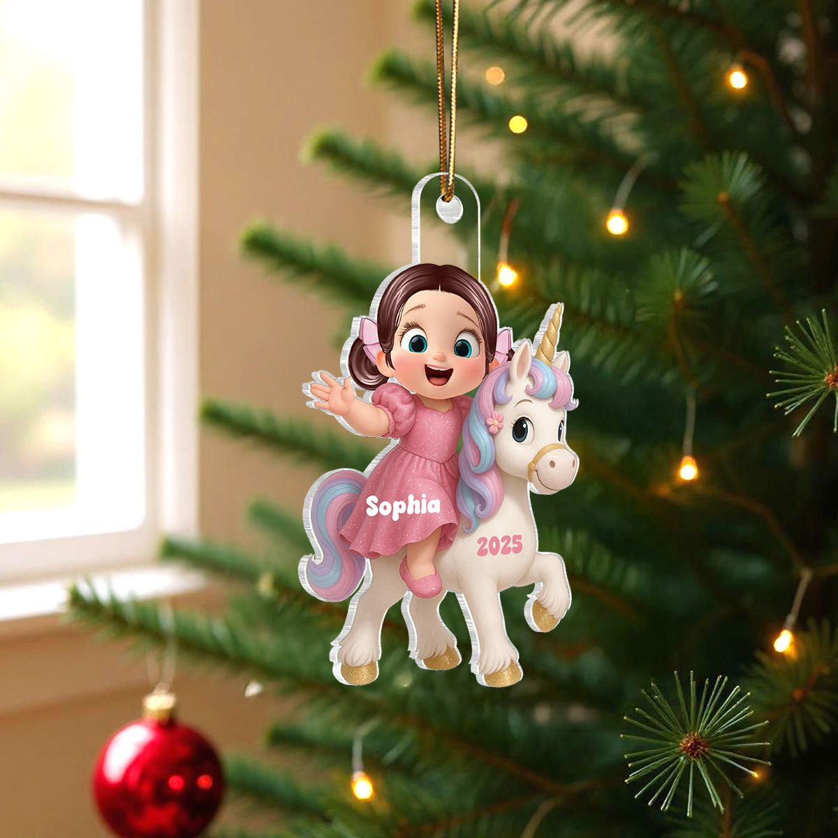 3D Effect Cute Cartoon Kid With Unicorn Christmas Personalized Flat Acrylic Ornament