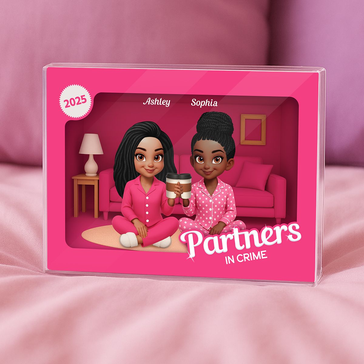 Pink Pajamas Besties In House Toy Box 3D Effect Personlized Acrylic Block