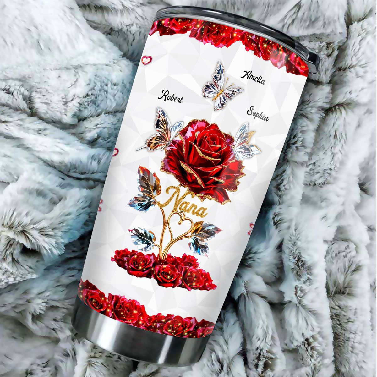 Beautiful Rose & Butterflies Gift For Grandma Mom 3D Effect Personalized Tumbler