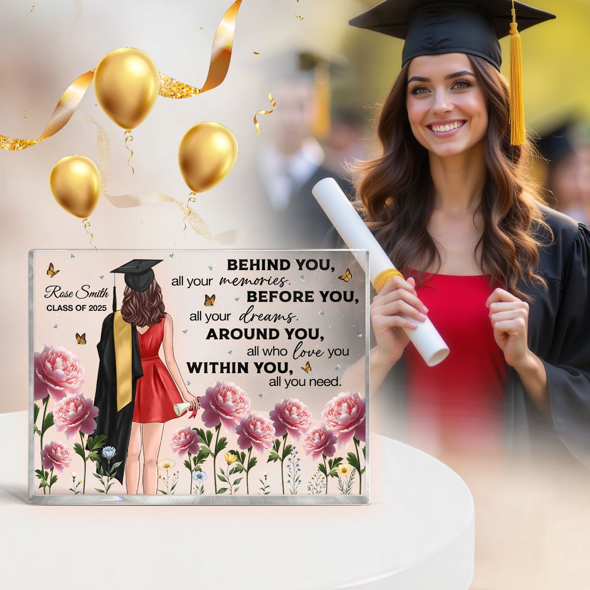 Graduation Senior 3D Effect Birth Month Flowers Personalized Rectangle Acrylic Block Plaque, Graduation Gift