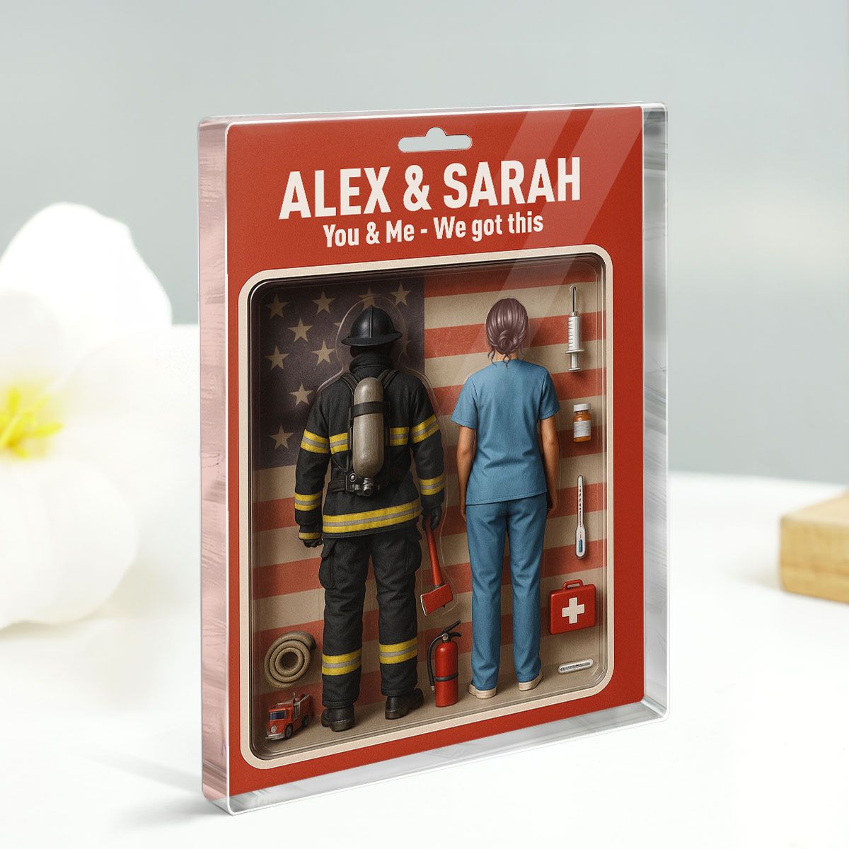 You & Me We Got This Firefighter & Nurse Couple Toy Box Figures Style Personalized Acrylic Block Plaque