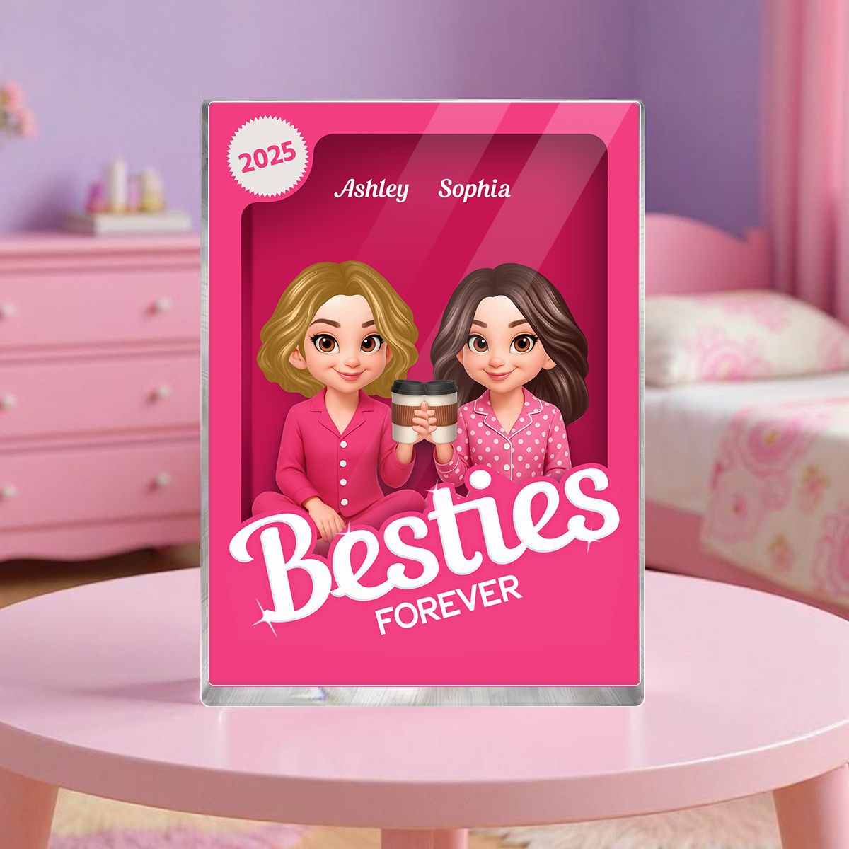 Pink Pajamas Besties 3D Effect Action Figure Personalized Acrylic Block