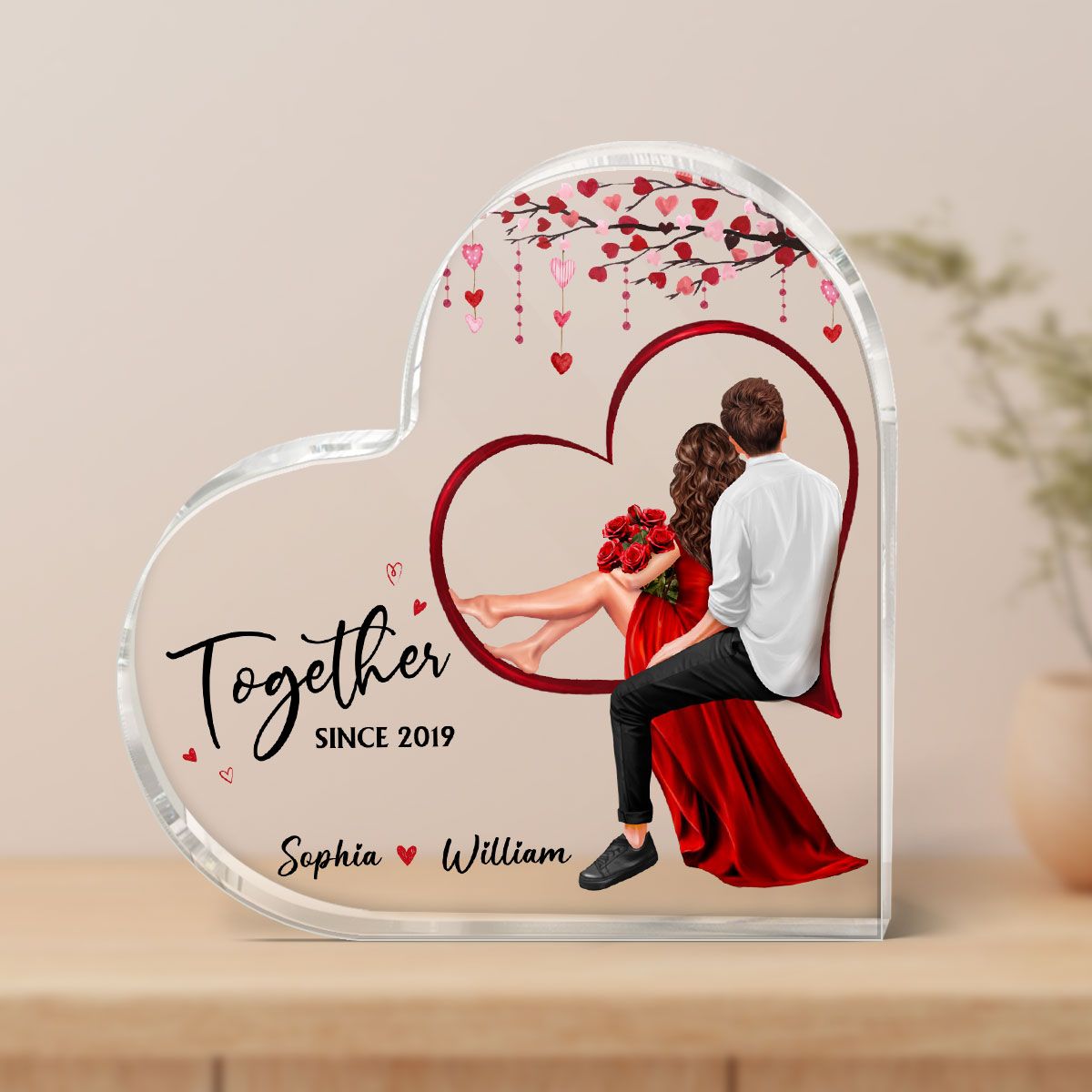 Embracing Couples Sitting On Heart Personalized Acrylic Heart Plaque, Valentine's Day Gift, Anniversary Gift for Couples