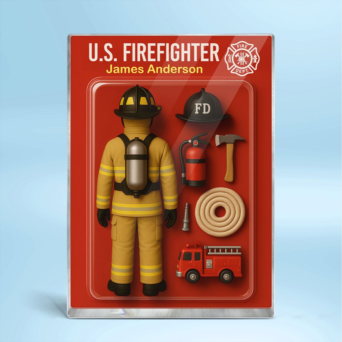 Back View Firefighter Action Figure Pack Packaging Personalized Rectangle Acrylic Block