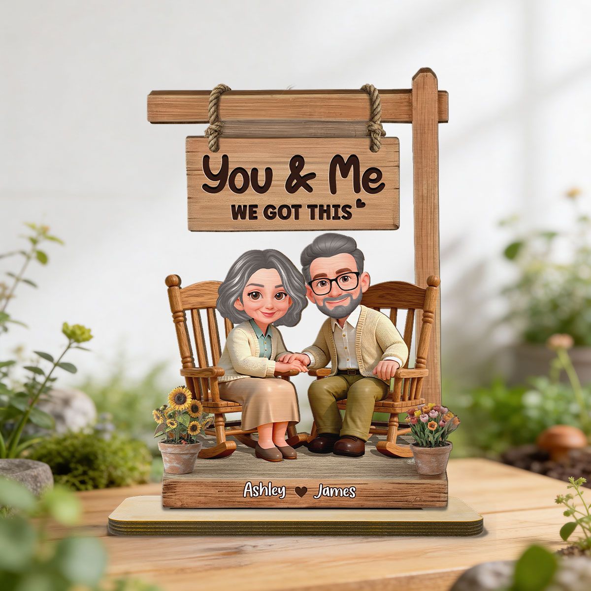 Old Couple Sitting Together Hand On Hand 2D Flat - Personalized 2-Layered Wooden Plaque - Anniversary, Valentine's Day Gift For Him, Gift For Her