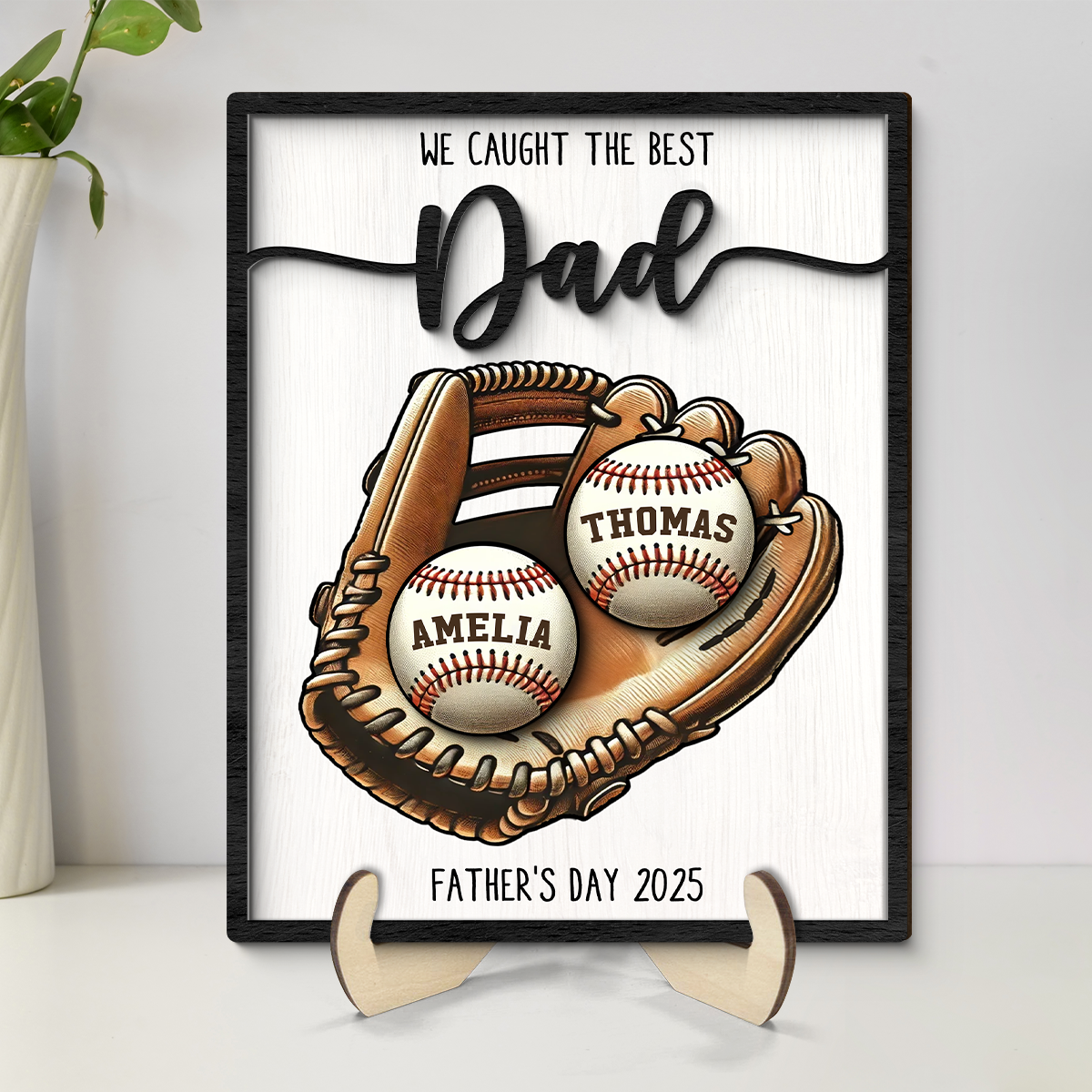 Personalized 2-Layered Wooden Plaque, Father’s Day Gift We Caught The Best Dad Throwing Ball, Custom Kid's Name