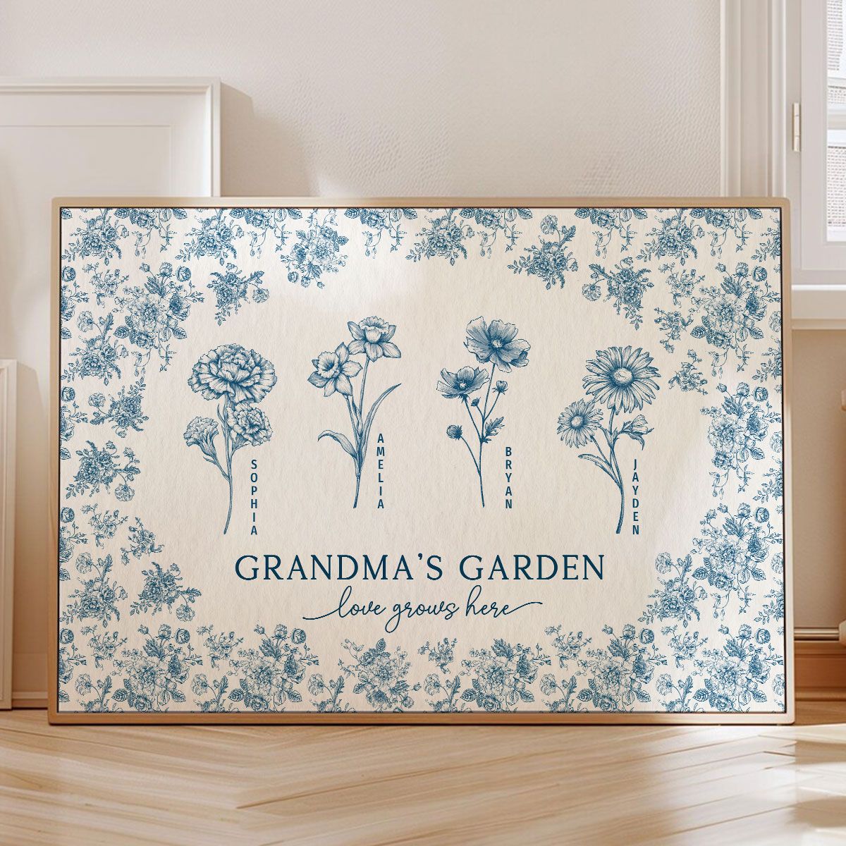 Vintage Blue Floral Pattern Grandma's Garden Personalized Canvas