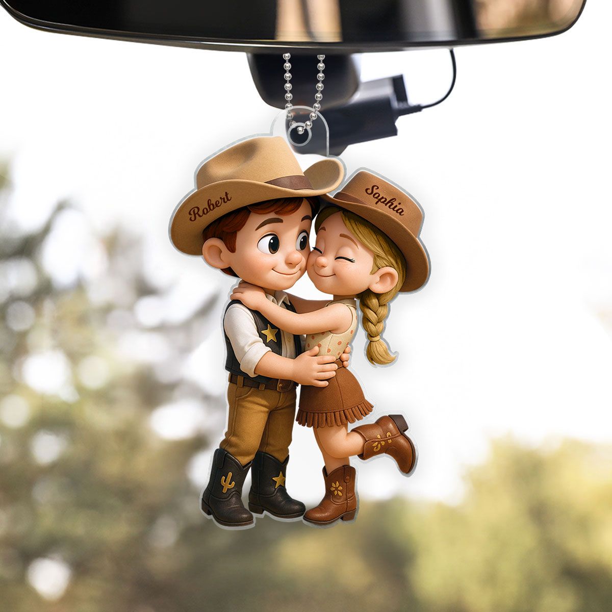 Cartoon Style Countryside Couple Cowboy Cowgirl Car Accessories Personalized Car Hanger Ornament