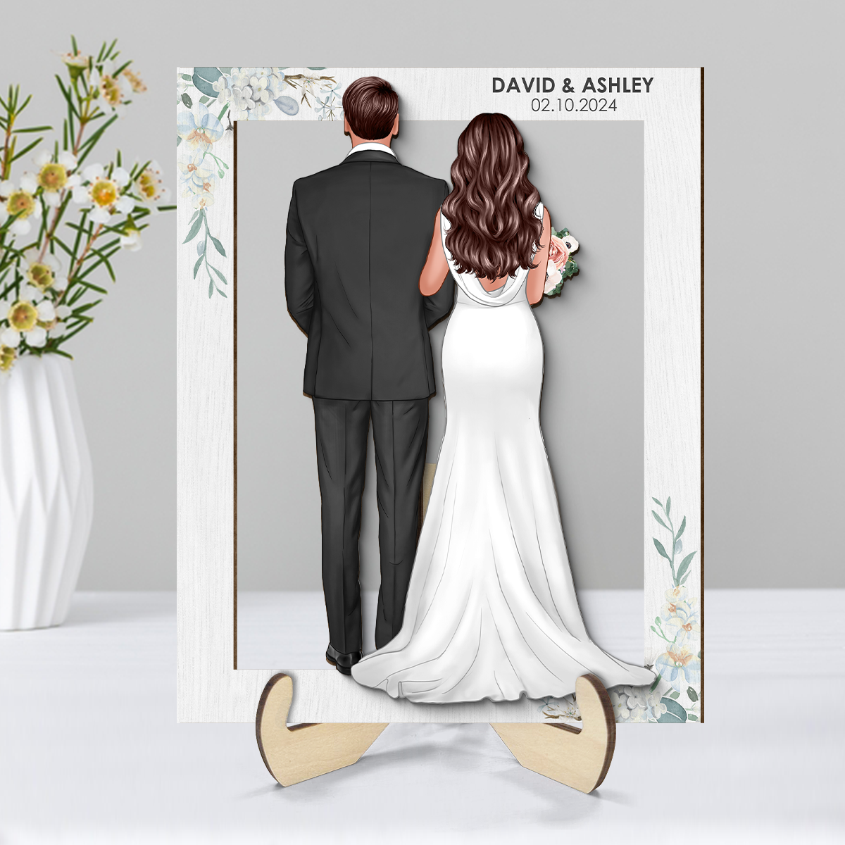 Groom Bride Back View Frame Wedding Gift Personalized 2-Layer Wooden Plaque, Anniversary Gift, Valentines Day Gift For Couples, For Him, For Her