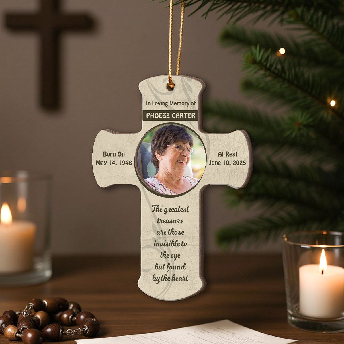 Forever in Our Hearts Memorial Keepsake, Sympathy Gift Photo Cross Christmas Personalized 2-Layer Wooden Ornament