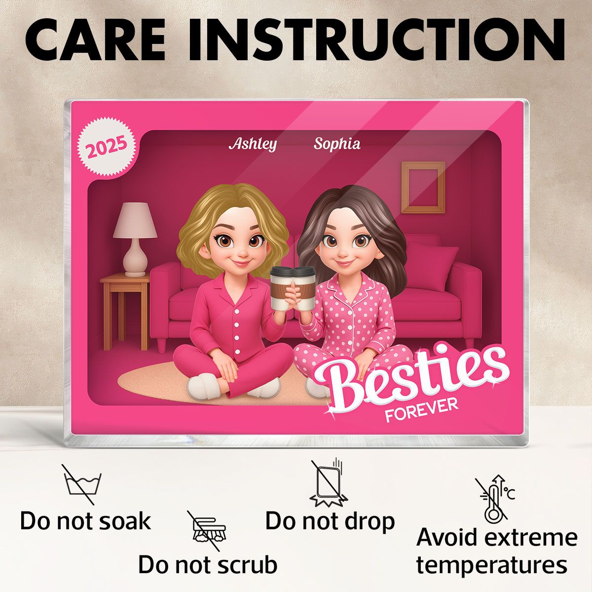 Pink Pajamas Besties In House Toy Box 3D Effect Personlized Acrylic Block