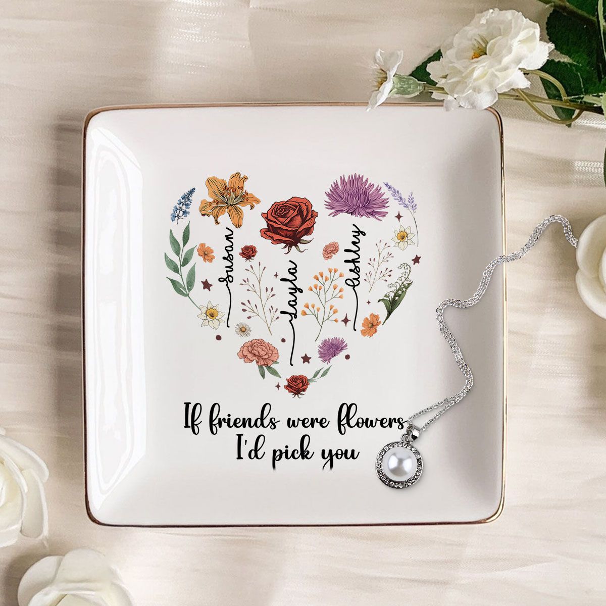 Birth Month Flowers Sisters Besties Friends Heart Personalized Jewelry Dish