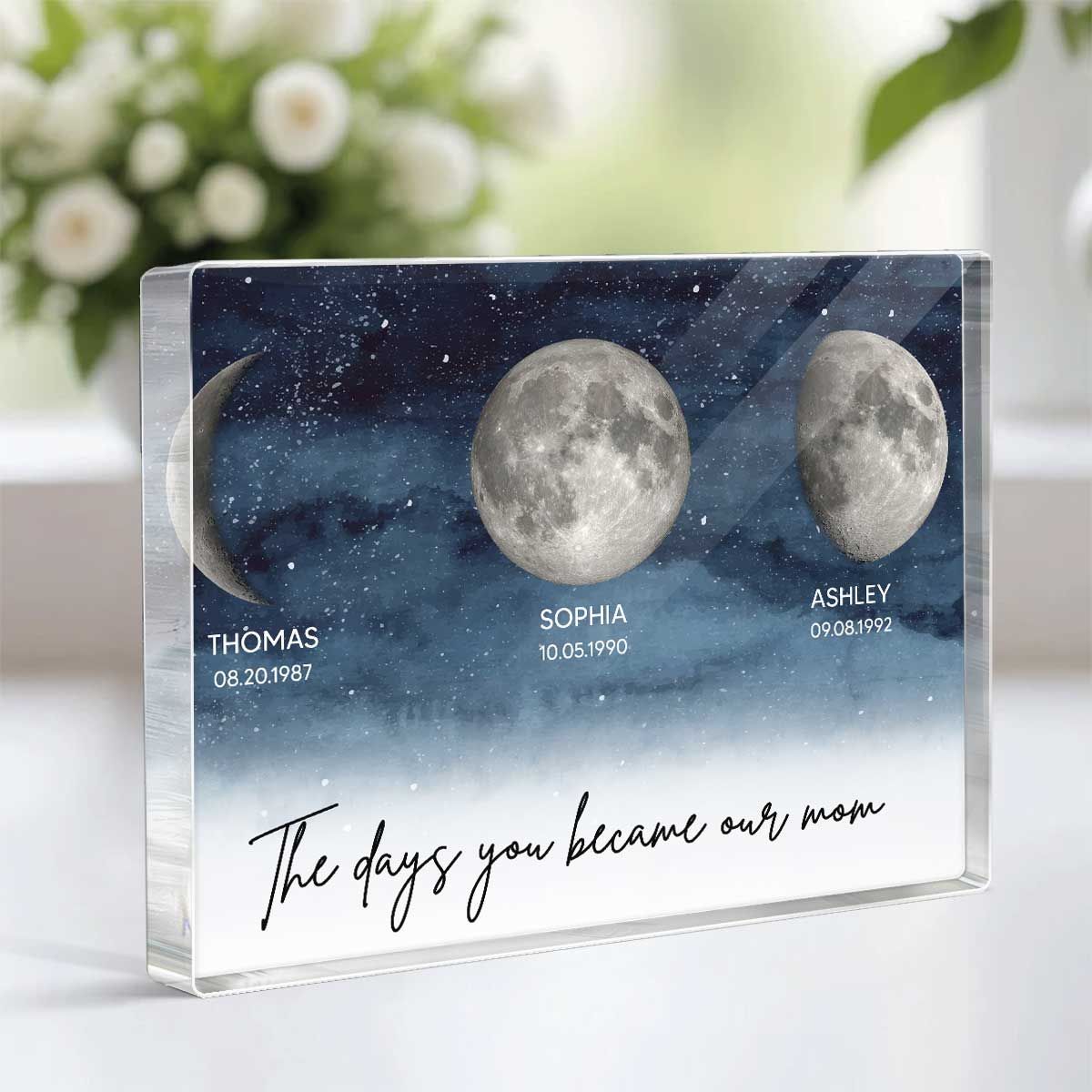 Starry Night Custom Birth Moon Phase The Day You Became Our Mom Personalized Rectangle Acrylic Block Plaque